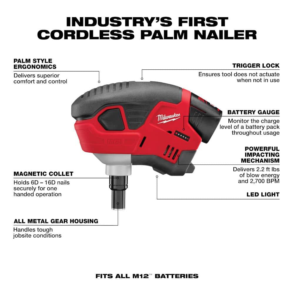 Milwaukee M12 12-Volt Lithium-Ion Cordless Palm Nailer Kit with One 1.5Ah Battery, Charger and Tool Bag (3)