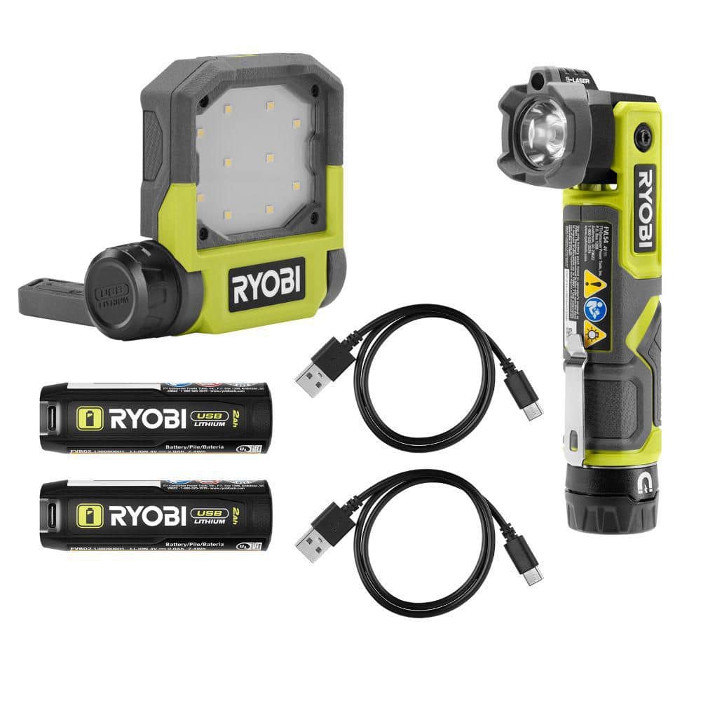 RYOBI USB Lithium Cordless Pivoting LED 3-Mode Flip Light and Pivoting Head Flashlight Kit w/ (2) Batteries & Charging Cables