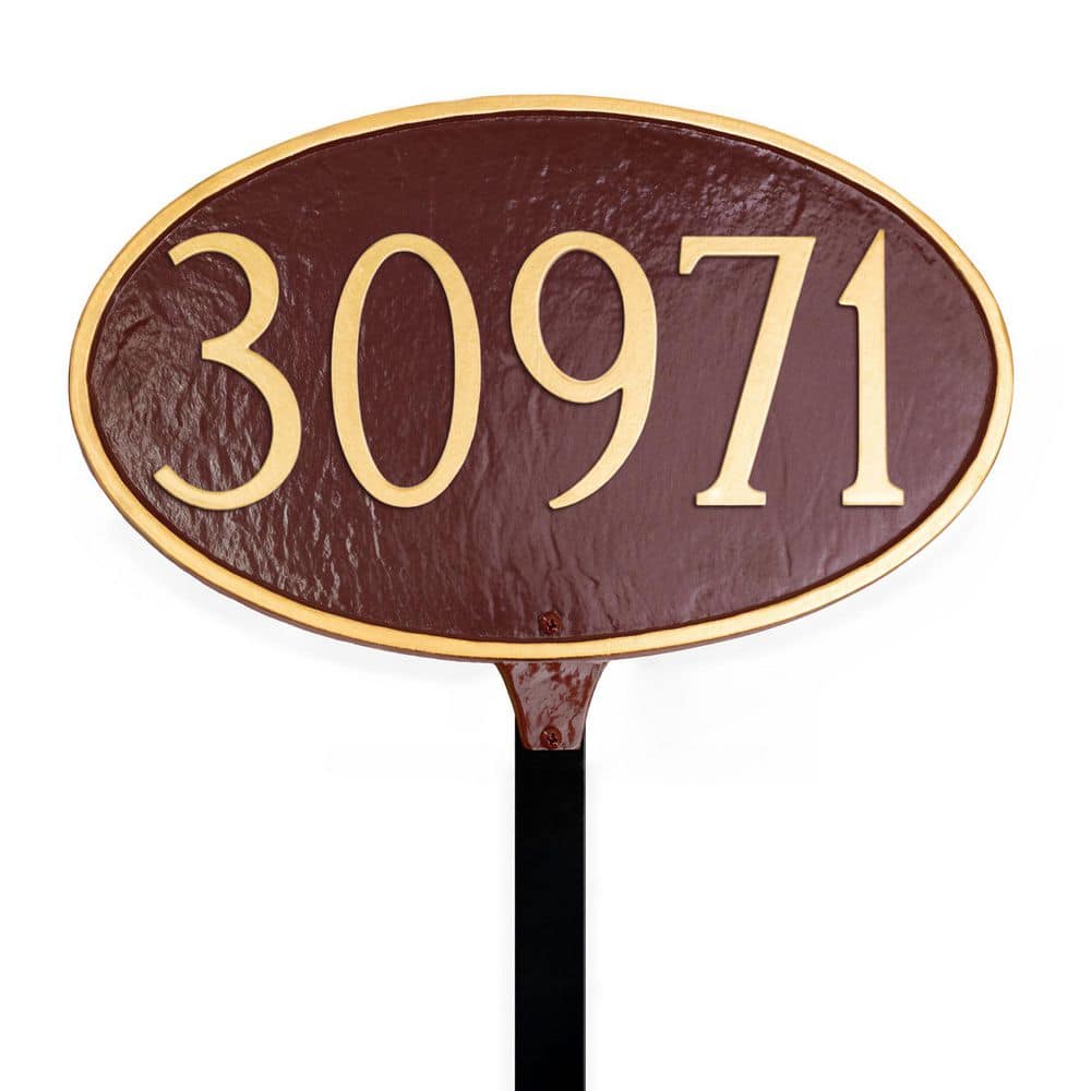 Montague Metal Products Classic Oval Standard Address Sign Plaque with Lawn Stake - Brick Red/Gold (1)