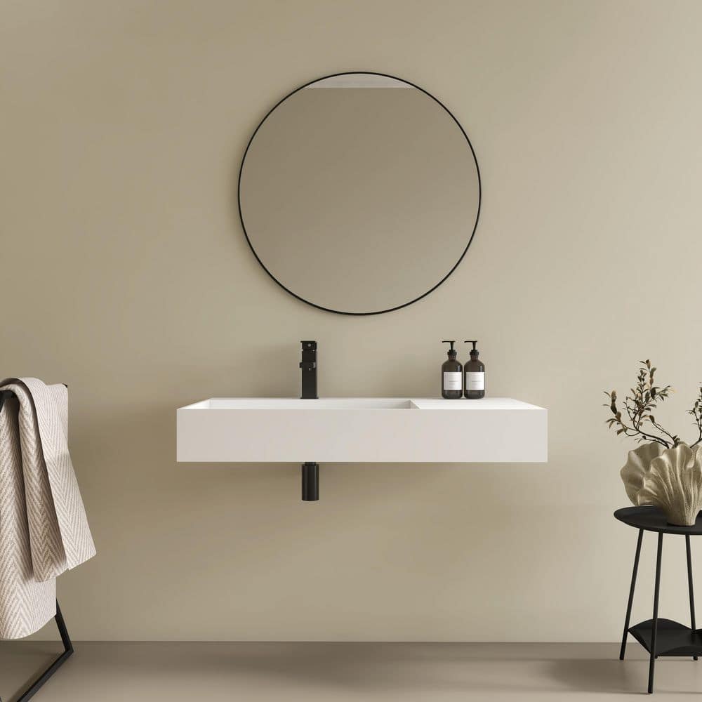 HOPROME 36 x 18 in. Solid Surface Wall Mount Bathroom Left Vessel Sink with Faucet Hole and Drain Cover (3)