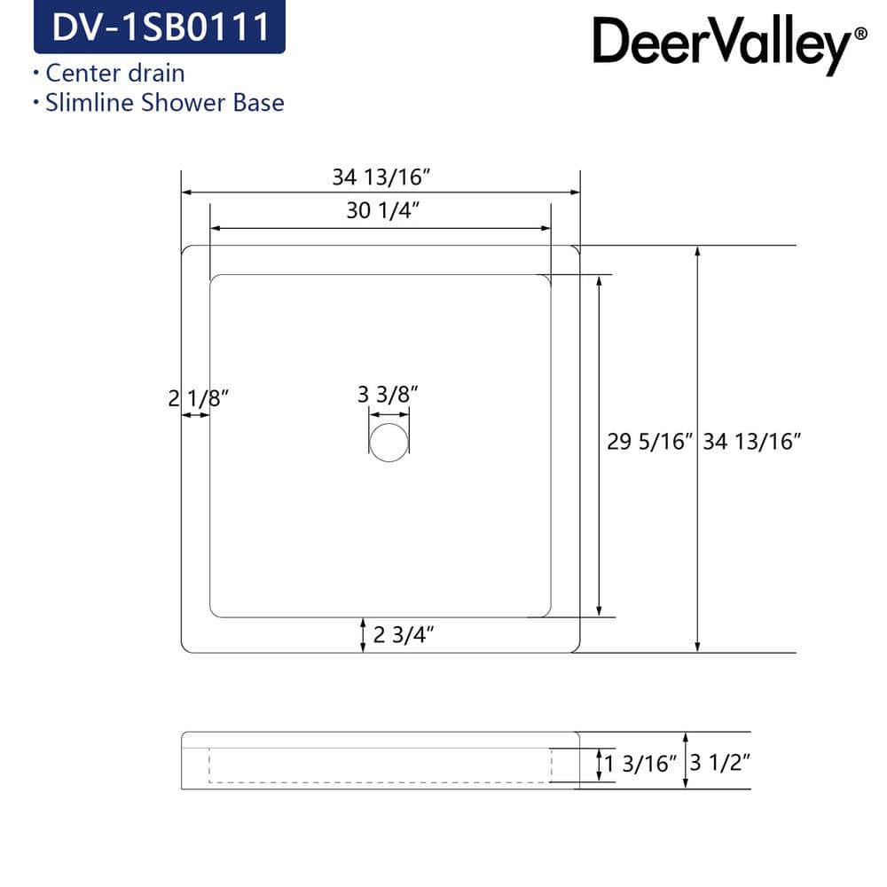 DEERVALLEY 35 in. L x 35 in. W Acrylic Single Threshold Alcove Shower Pan Base in White with Center Drain and Low-Profile Threshold (3)