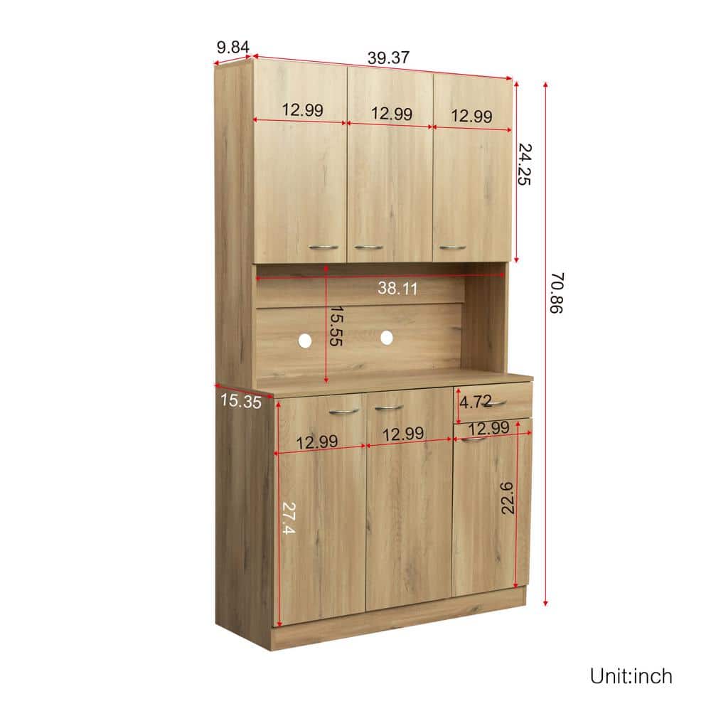 Unbranded 39.37 in. W x 15.35 in. D x 70.87 in. H Brown Oak Linen Cabinet with 6 Doors, 1 Open Shelves and 1 Drawer (3)