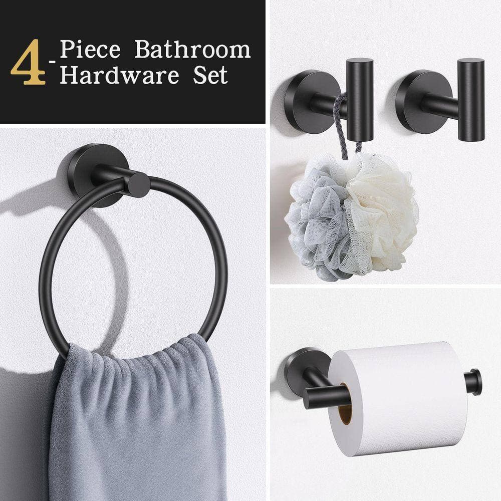 Unbranded 4-Piece Bathroom Hardware Accessories Set with Toilet Paper Holder, Towel Ring, 2 Towel Hooks in Matte Black (2)