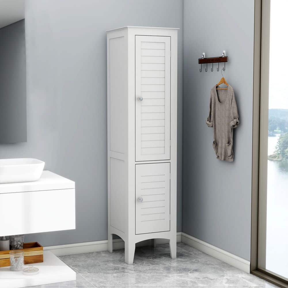 YSQCAR 15.36 in. W x 15.36 in. D x 63 in. H White MDF Freestanding Linen Cabinet with One-Drawer Tilt-Out Laundry Sorter (2)
