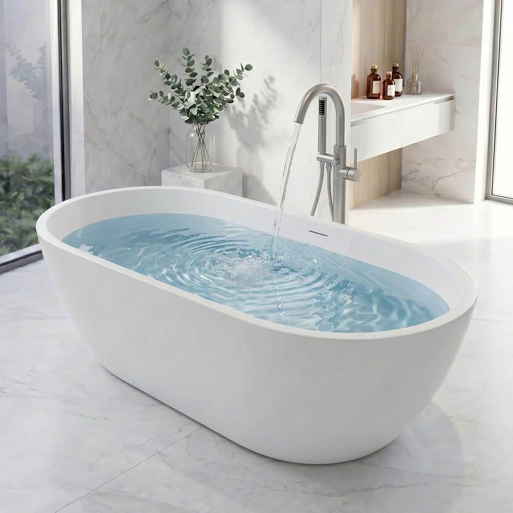 ANZZI Mone 67 in. x 29 in. Flat Bottom Freestanding Soaking Bathtub in White with 2-Handle Nickel Freestanding Tub Faucet (2)