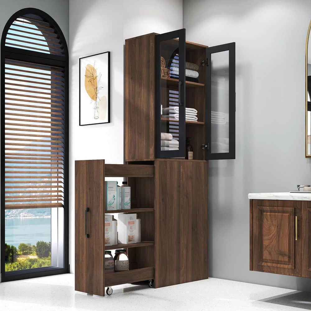 Ximuprmy 24 in. W 12 in. D 71 in. H Brown Freestanding Linen Cabinet with 4-Tier Multi-Functional Pull-Out Storage Shelf (4)