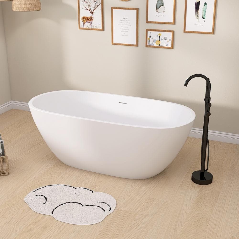 NTQ 65 in. x 29.5 in. Acrylic Free Standing Bath Tub Oval Freestanding Soaking Bathtub with Removable Drain in Matte White (1)