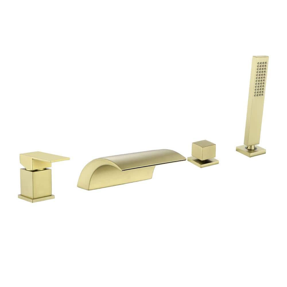 FLG 2-Handle Tub Deck-Mount Roman Tub Faucet with Hand Shower Waterfall Brass Bathtub Filler in Brushed Gold (1)