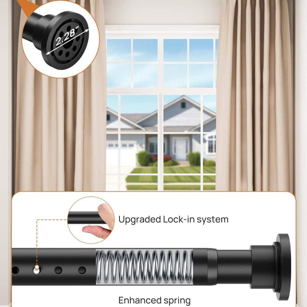 Numhew 66 to 120 in. Tension Mounted Curtain Rods, No Drilling, 1.25 in. Diameter, Heavy Duty Extra Long Tension Rod, Black (2)