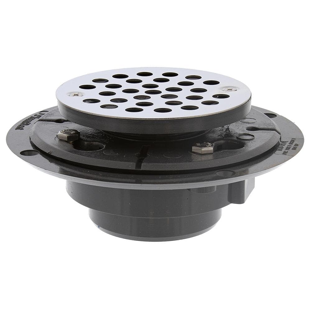 JONES STEPHENS 2 in. x 3 in. PVC Perfect Low Profile Shower/Floor Drain with 4 in. Round Stainless Steel Strainer (1)