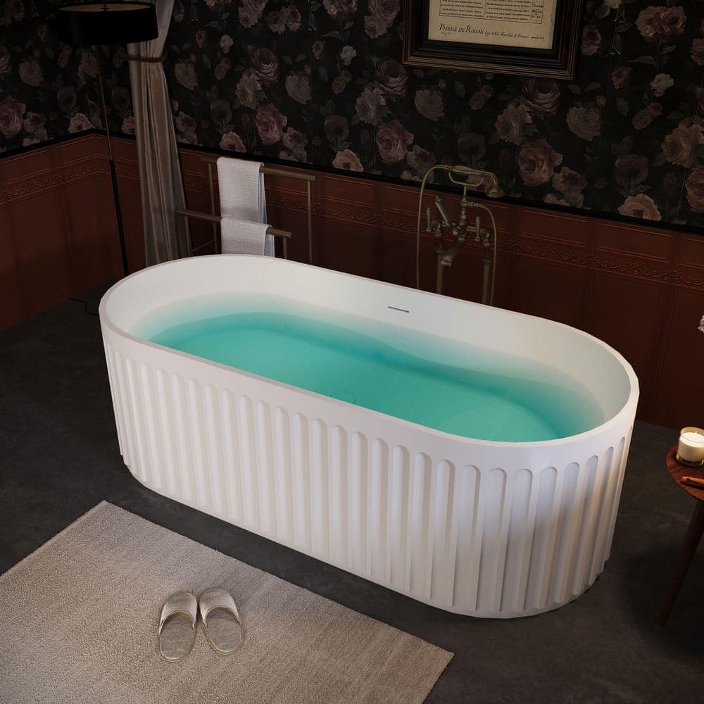 WELLFOR 67 in. x 30 in. Fluted Design Solid Surface Freestanding Soaking Bathtub in Matte White with Overflow and Pop-up Drain (2)