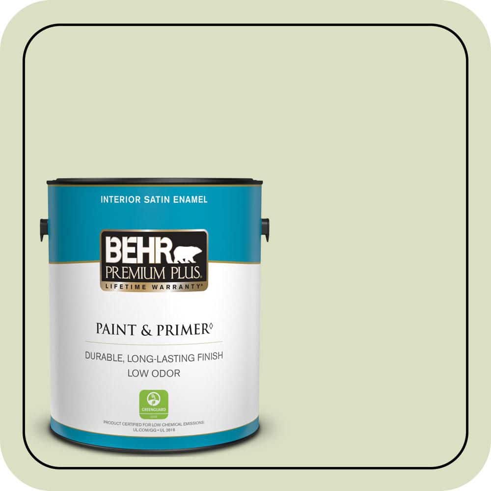 BEHR PREMIUM PLUS 1 gal. #MQ3-47 Airy Green Satin Enamel Low Odor Interior Paint & Primer
