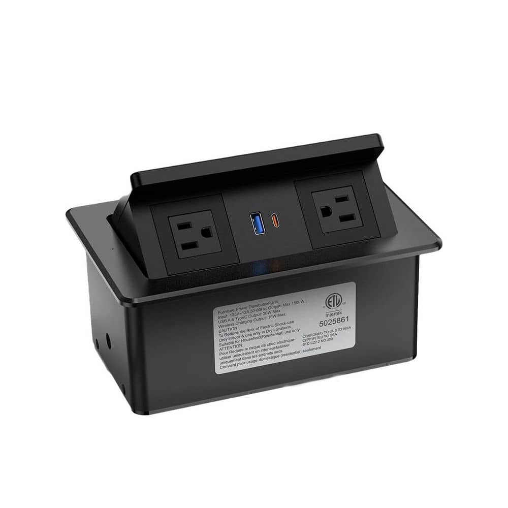 OBJLGEV Pop Up Power Outlet 2-Outlets 1-Port USB-A 1-Port USB-C Surge Protector with 15-Watt Wireless Charger ETL Listed (1)