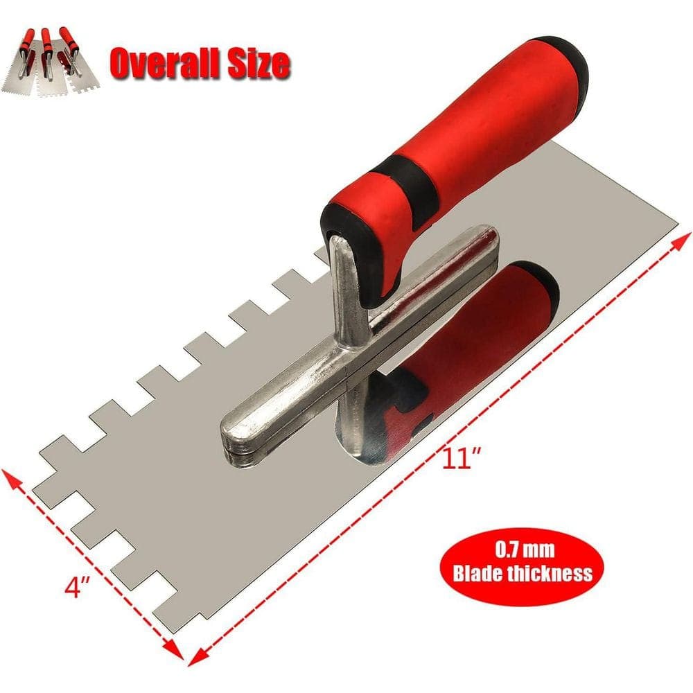 Unbranded 11 in. x 4 in. Stainless Steel Square Notch Trowel Set with Rubber Grout Float, Grout Sponge and Red Handle (3-Pack) (3)