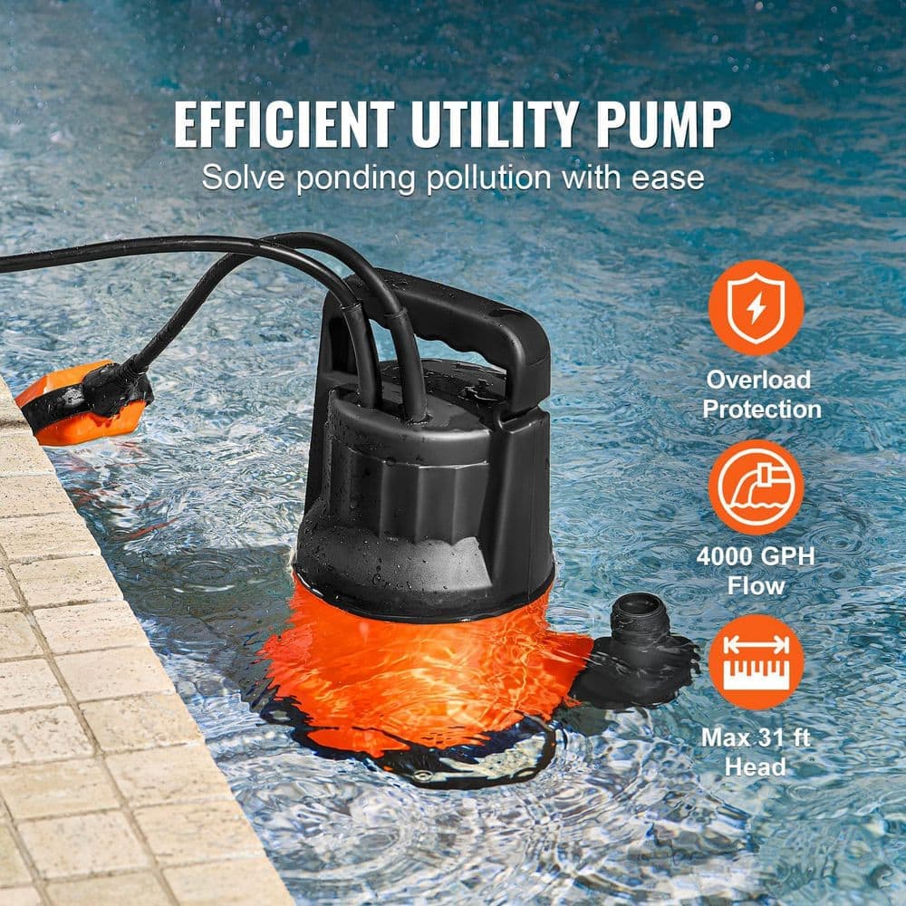 SKYSHALO Utility Pump 1HP 4000 GPH High Flow 31 ft. Head Sump Pump Submersible Water Pump Portable Utility Pump 10 ft. Power Cord (2)