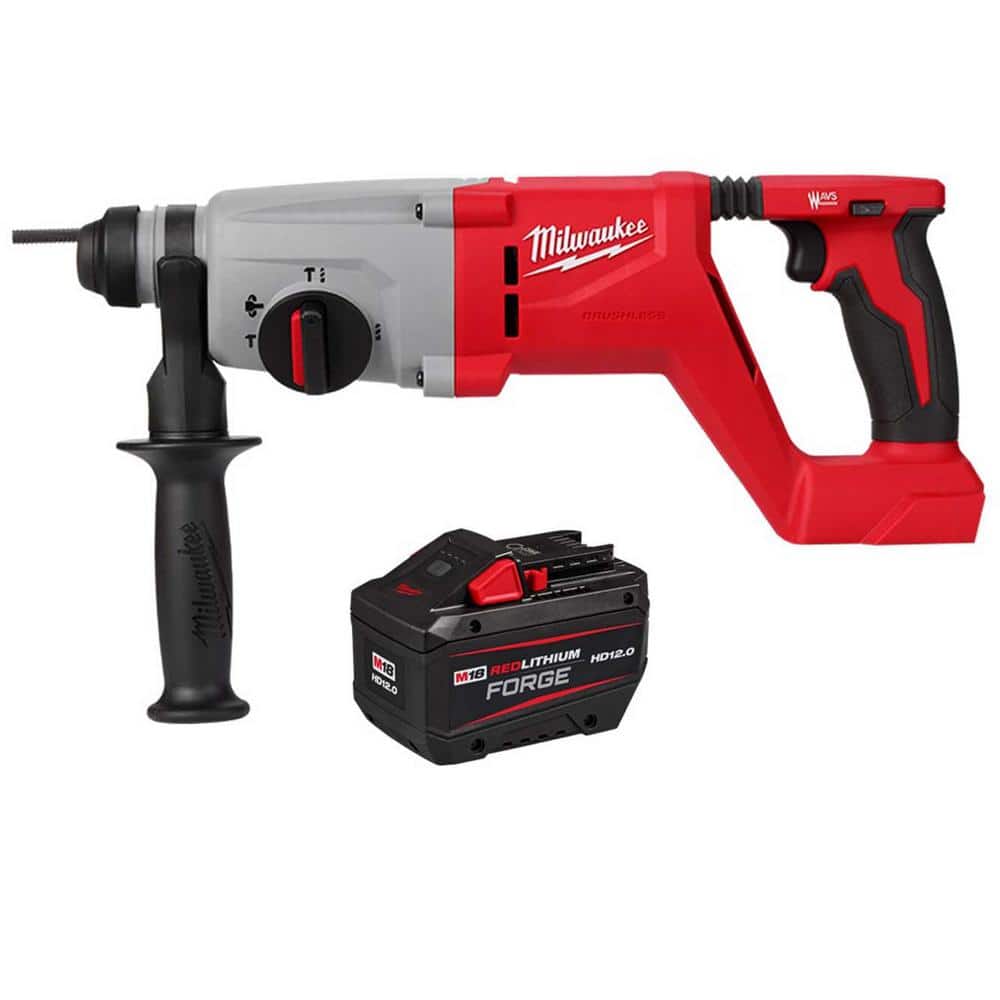 Milwaukee M18 18V Lith-Ion Brushless Cordless 1 in. SDS-Plus D-Handle Rotary Hammer wl M18 REDLITHIUM FORGE HD 12.0 Ah Battery (1)