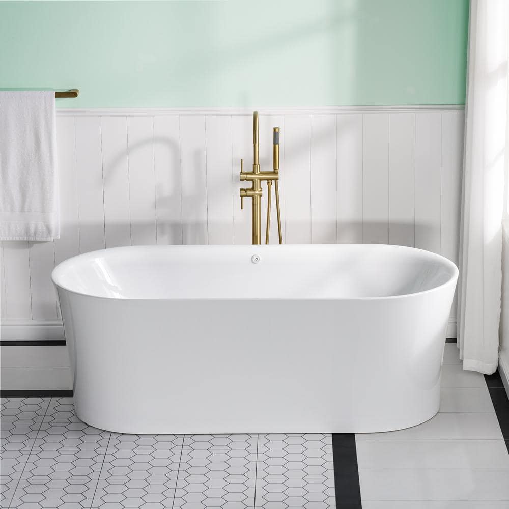 WELLFOR 67 in. x 31.5 in. Freestanding Air Soaking Bathtub with Chrome Center Drain in White, Air Bubble Massage, LED Lighting (2)