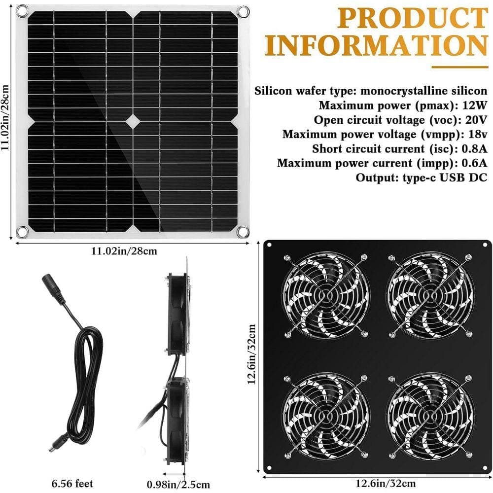 KIWDZFU 12.6 in. Solar Panel Fan Kit with 4 Fans, 12W USB Weatherproof Exhaust Fan for Outdoor Use (2)