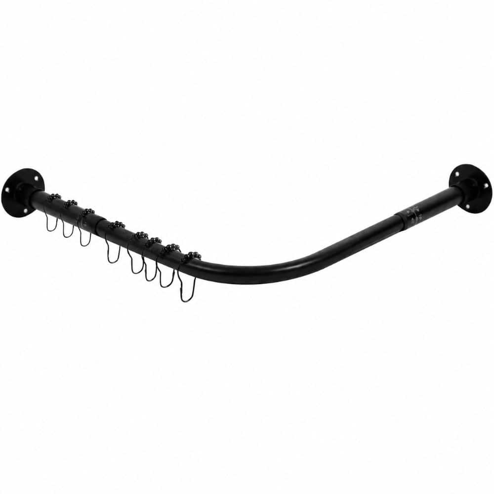 Unbranded Adjustable L-Shaped Corner Shower Curtain Rod in Black with 12 Ring Hooks and Ceiling Support