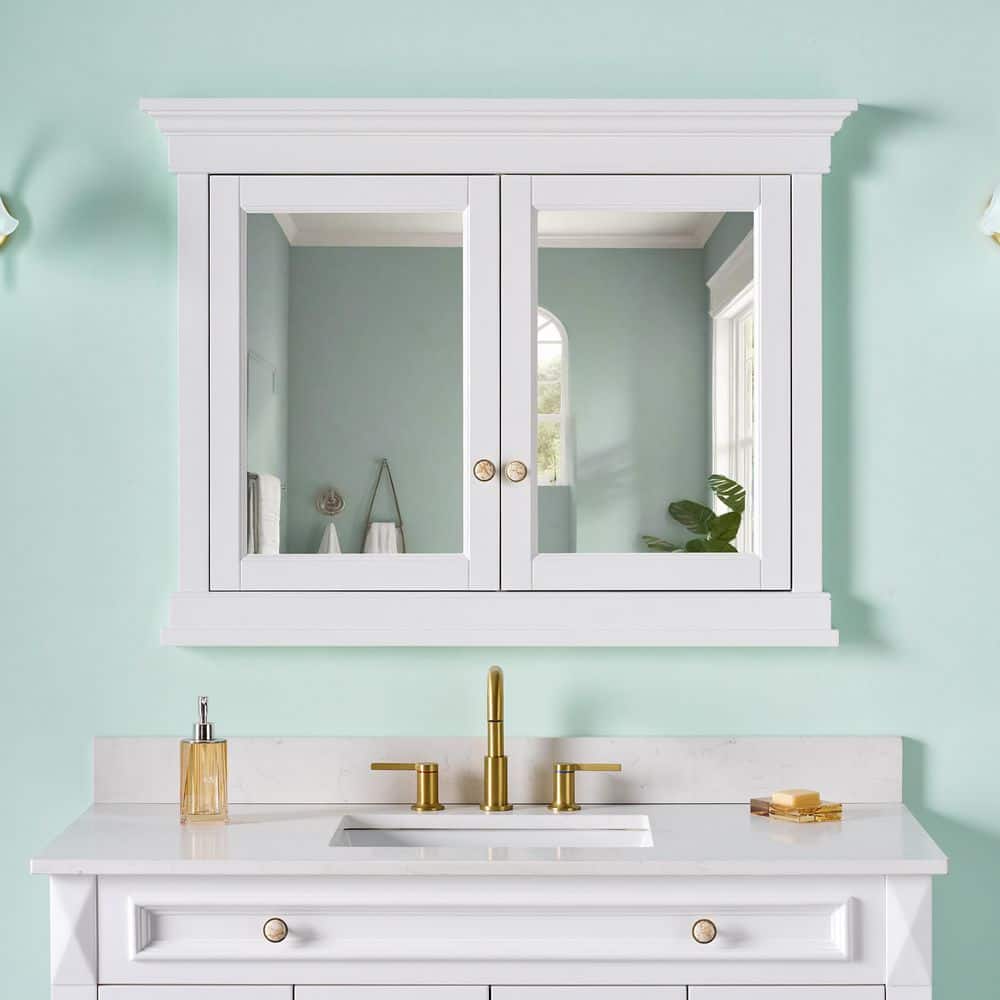 WELLFOR 42 in. W x 32 in. H Rectangular Recessed Solid Wood Bathroom Medicine Cabinet with Mirror, Bi-View Glass Door BLUM Hinge (2)