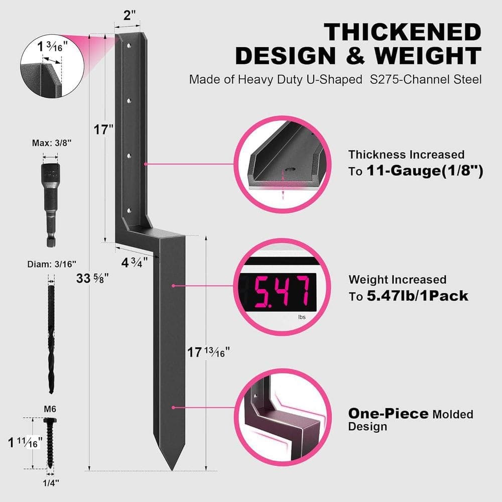 Afoxsos Thickened Steel Fence Post Repair Kit 1-Piece Anchor Stakes for 4 x 4/6 x 6 Wood Posts (11-Gauge, 2-Pack) (3)