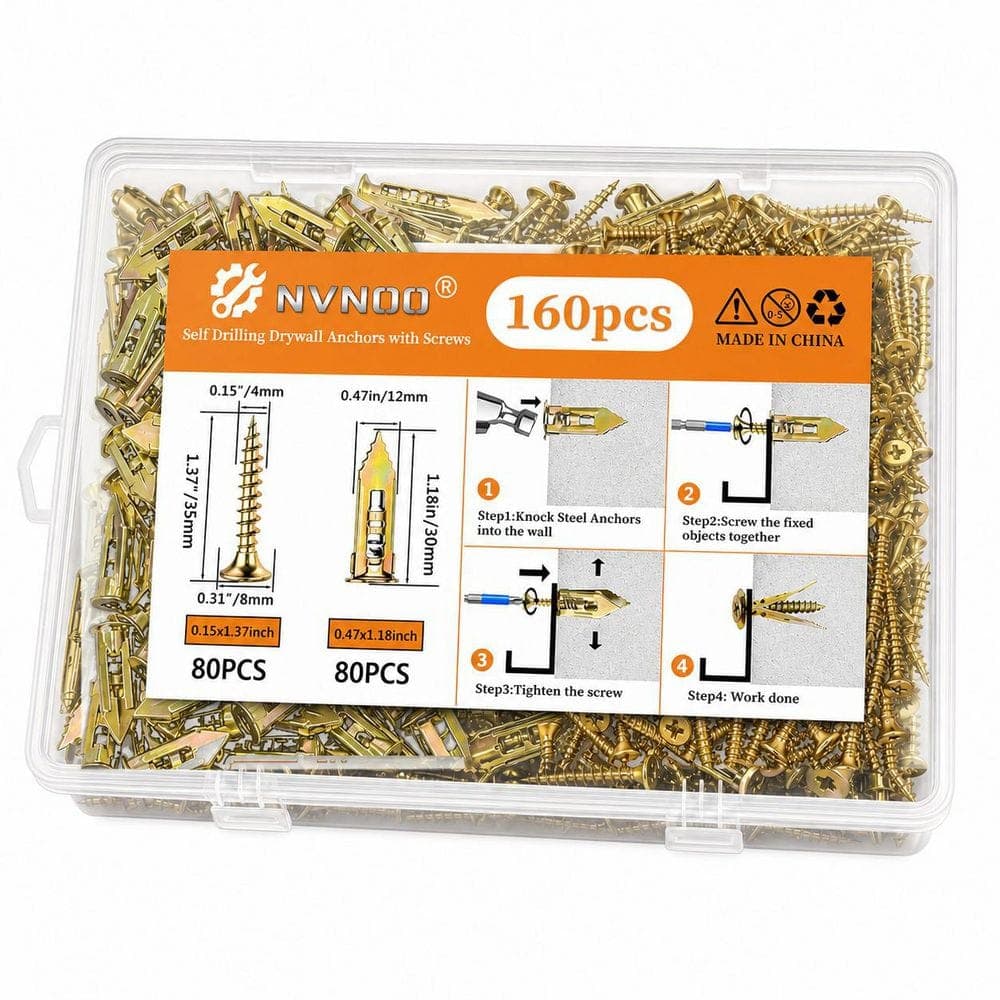 NVNOO 9.72 in. x 8.98 in. x 2.28 in. 1 Gauge Zinc Plated Steel Self Drilling Drywall Anchors Screws Kit for Wall (160-Pack)
