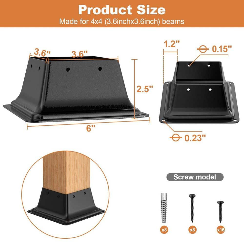 Afoxsos Heavy Duty Powder-Coated Black Steel 4 x 4 Post Base Bracket with Screws 2-Pack for Wood Post Anchor Deck Porch Railing (2)