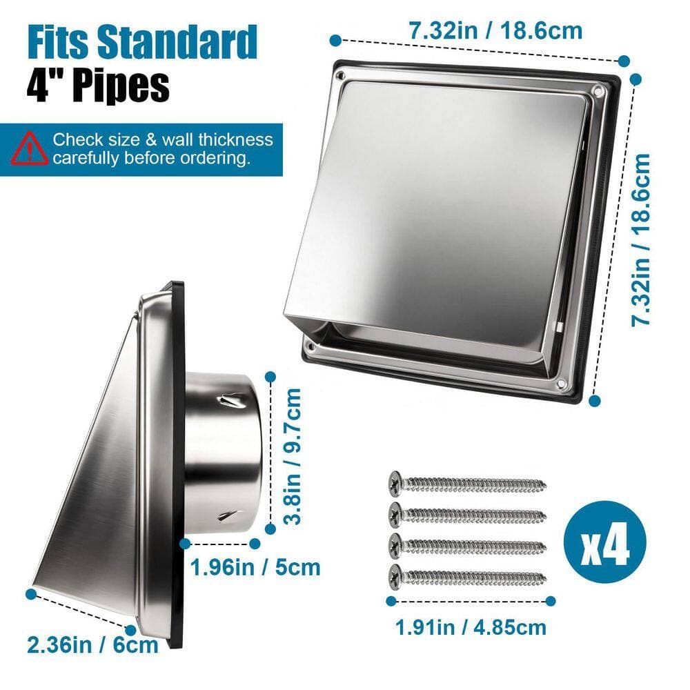 Wudkey 1-Piece Bathroom Accessory Set in Silver, 4 in. Dryer Vent Cover Outside, Stainless Steel Exterior Vent Cover (2)