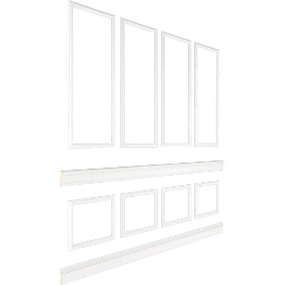Ekena Millwork 94 1/2 in. (Adjustable 96 in. to 120 in.) 63 sq. ft. Polyurethane Ashford Square Panel Stacked Wall Wainscot Kit Primed (3)