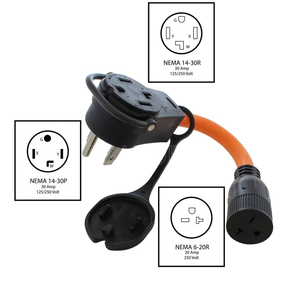 AC WORKS 1 ft. 30 Amp 14-30 Piggy-Back Plug to 6-20 Connector Adapter Cord With 2 Outlets (2)