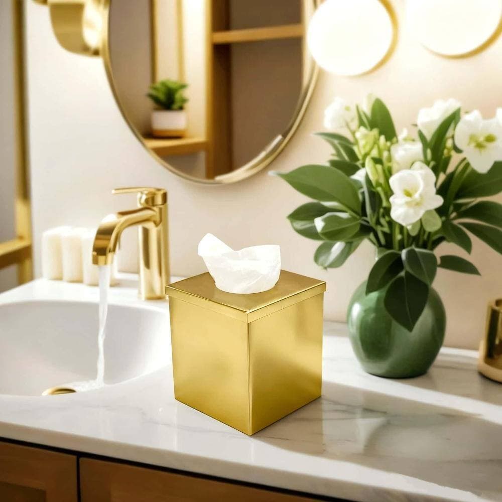 Unbranded Square Gold Plated Tissue Box Cover for Bathroom Vanity and Living Room Luxury Home Decor for Rich Decor (2)
