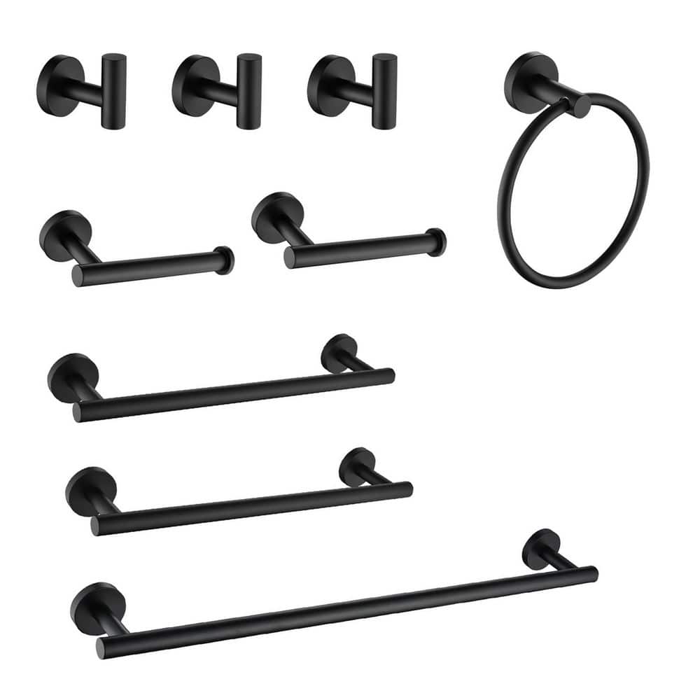 LIVACA 9-Piece Stainless Steel Bathroom Hardware Set with Towel Bar, Paper Holder and Hooks in Matte Black (1)