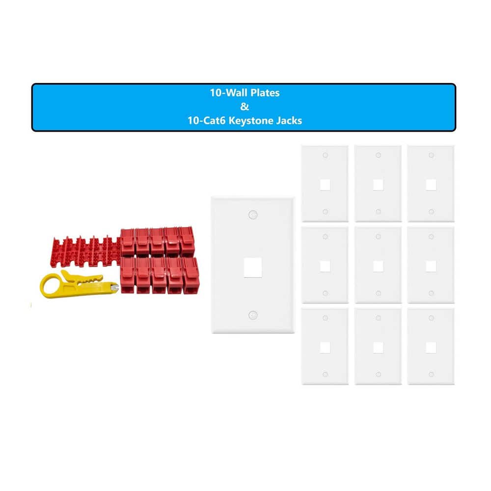 Micro Connectors, Inc 10-Pack 1-Gang White Keystone Plastic Wall Plates 1-Port and 10 Cat 6 RJ45 Keystone Jacks Red (2)