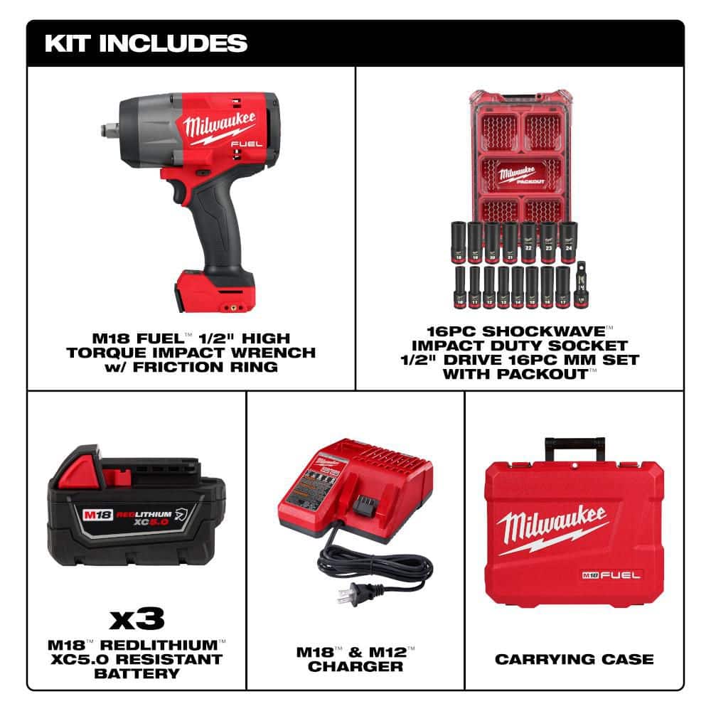 Milwaukee M18 FUEL 18V High Torque 1/2 in. Impact Wrench Kit plus 5. 0Ah XC Battery with 1/2 in. Metric 16-Pc PACKOUT Socket (2)