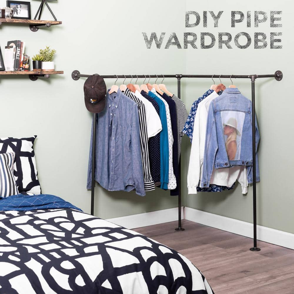 PIPE DECOR 1/2 in. x 5 ft. L Black Pipe Corner Wall Mounted Clothing Rack Kit (3)