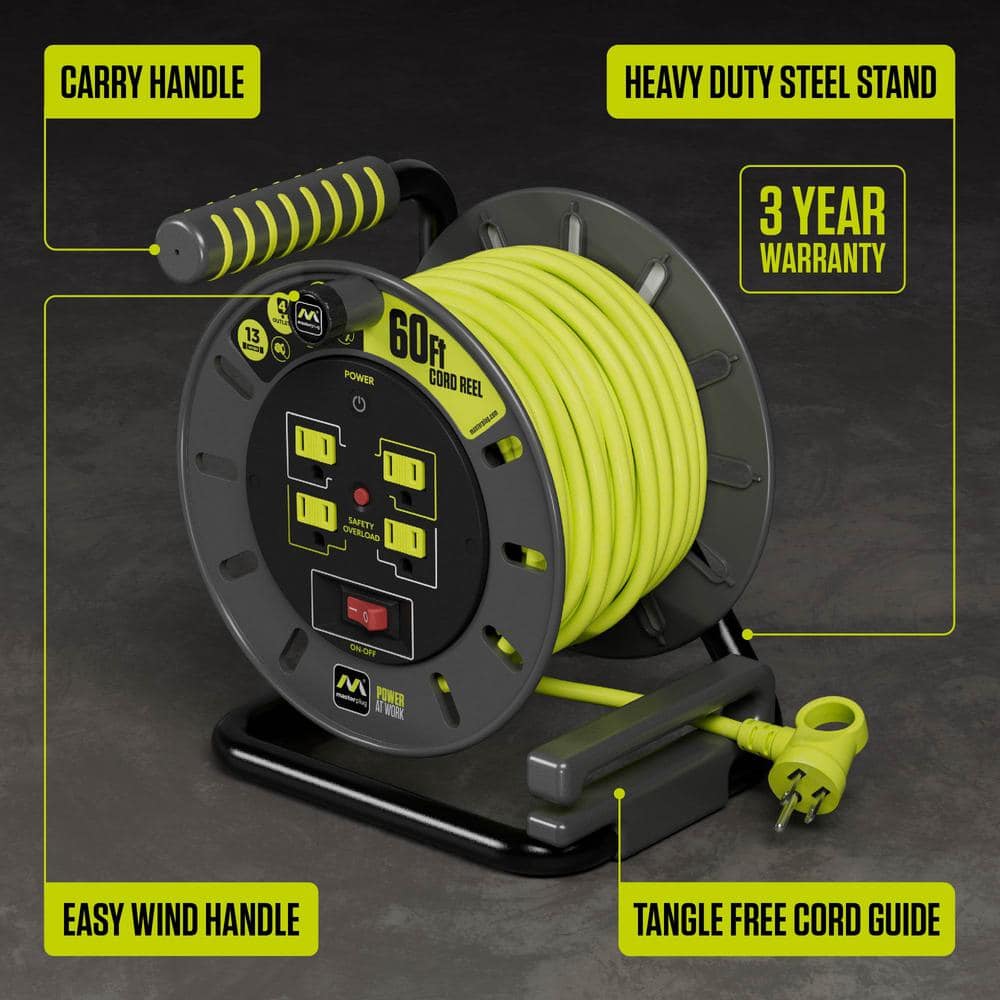 Masterplug Open Reel 60 ft. 14 AWG/3 13Amp Extension Cord Reel with 4 Grounded Outlets (3)