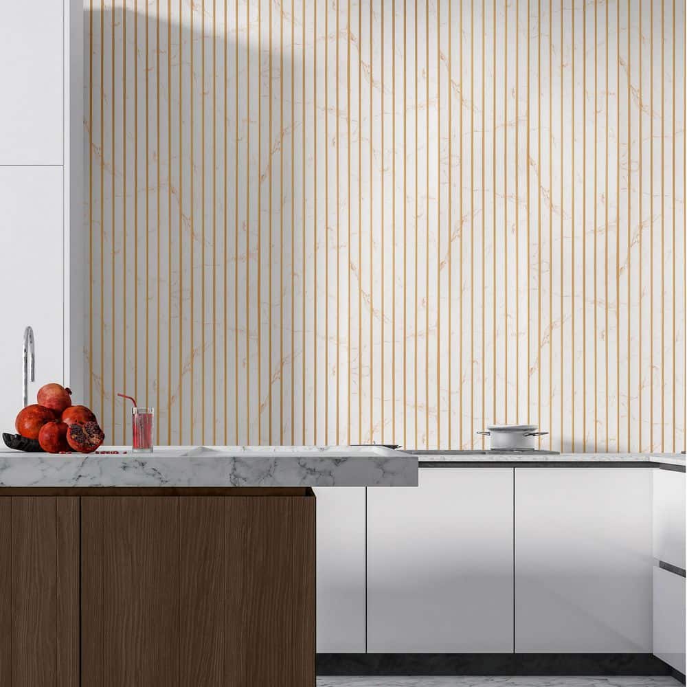 FROM PLAIN TO BEAUTIFUL IN HOURS Large Slats 5/16 in. 1 ft. 7.88 ft. Gold Glue-Up Foam Wood Slat Walls /78.8 sq. (4)