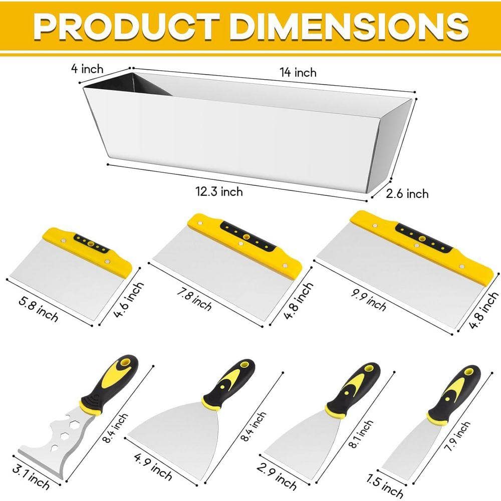 KIWDZFU 9.9" 8-Piece Stainless Steel Drywall Hand Tools Kit with Ergonomic Grip Includes Putty Knives Taping Knives Scraper Mud (2)