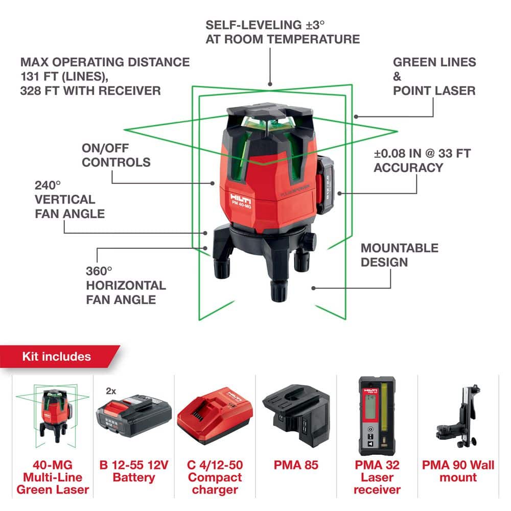 Hilti PM 40-MG 12-Volt Multi-Line Green Laser 328 ft. with Receiver, Wall Mount, Adapter, Batties and Charger (2)