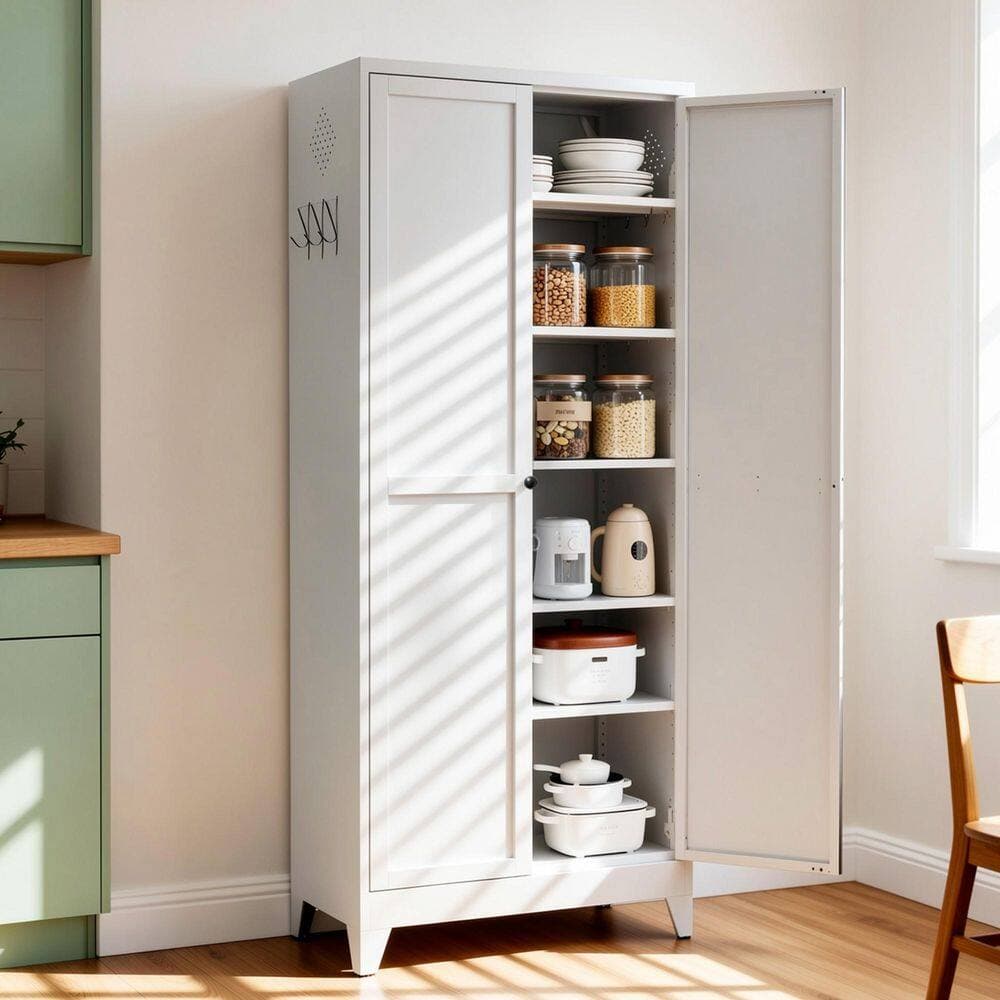 Ximuprmy 31 in. W x 16 in. D x 75 in. H White Metal Freestanding Linen Cabinet with 5-Shelves, Adjustable and Soft Close (2)
