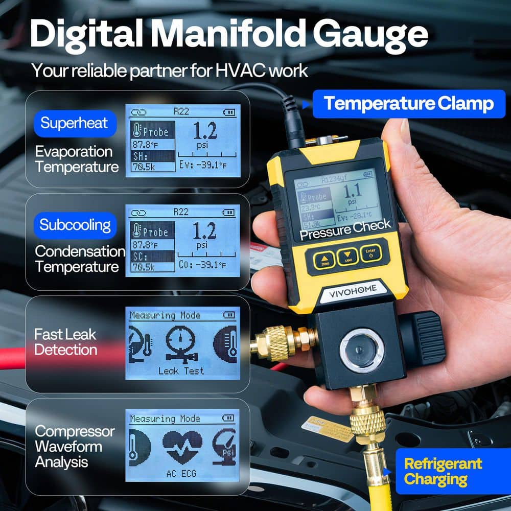 VIVOHOME Digital Vacuum Pressure Manifold Gauge with Temperature Clamp and Tube (2)