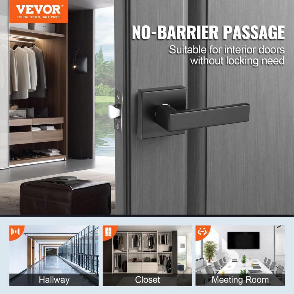 VEVOR Passage Door Handle, 1 Pack Matte Black Door Lever, Handing Reversible Lever Non-Locking, Latches (2)