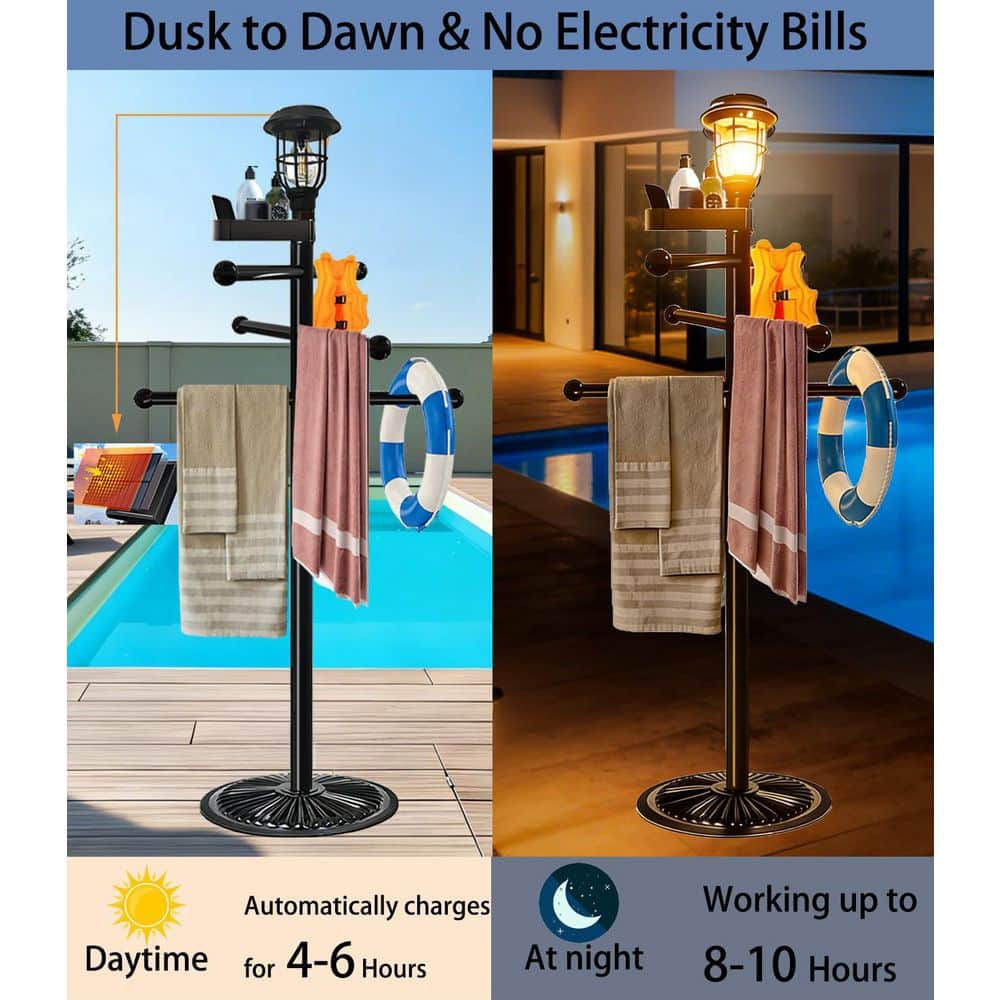 Anqtovp 6 Bars Towel Holders Pool Towel Rack in Black Metal with Solar Light and Top Basket for Outdoor Pool Use (3)
