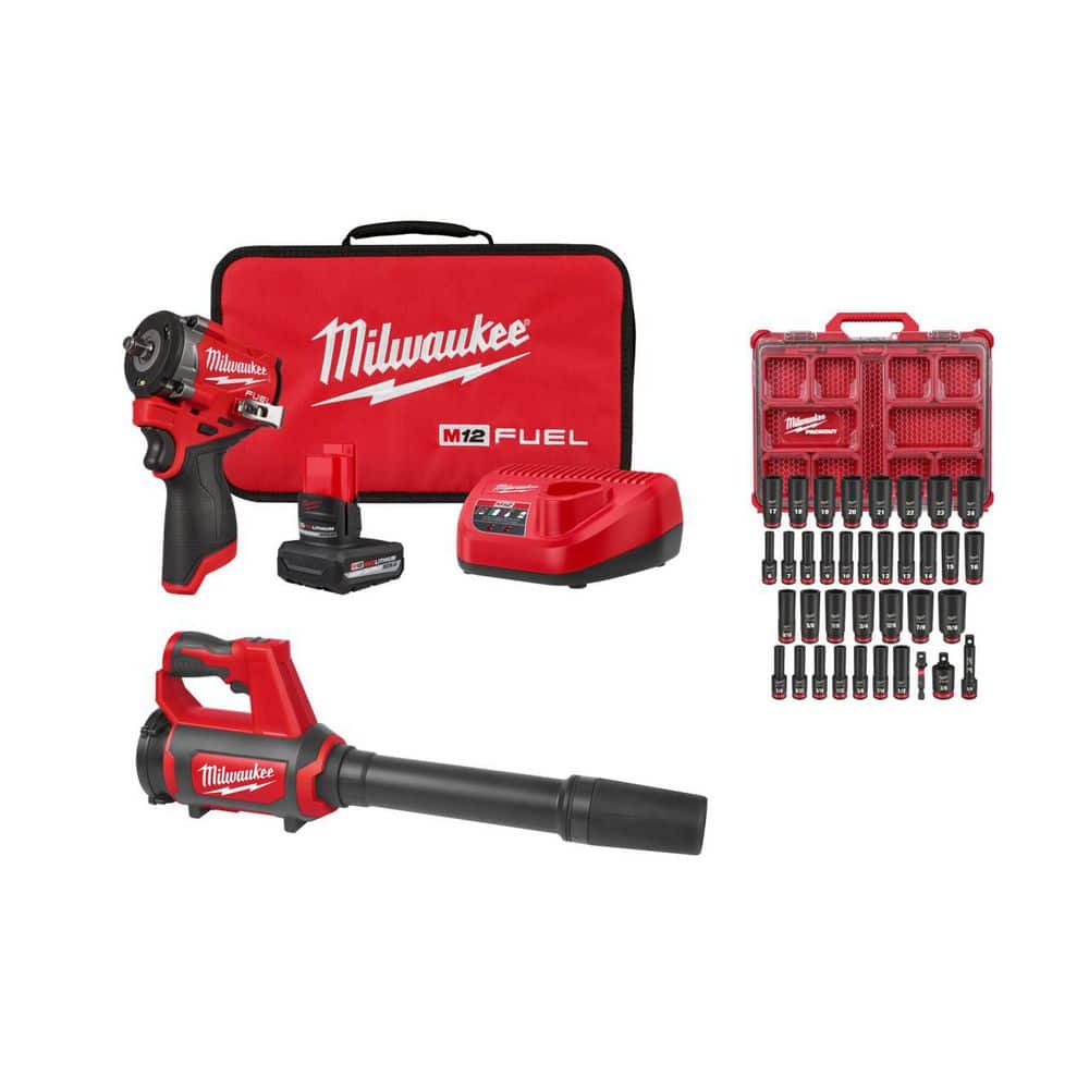 Milwaukee M12 FUEL 12V Stubby 3/8 in. Impact Wrench Kit w/ M12 12V Compact Spot Blower w/ 36-pc 3/8 in. Metric/SAE PACKOUT Socket (1)