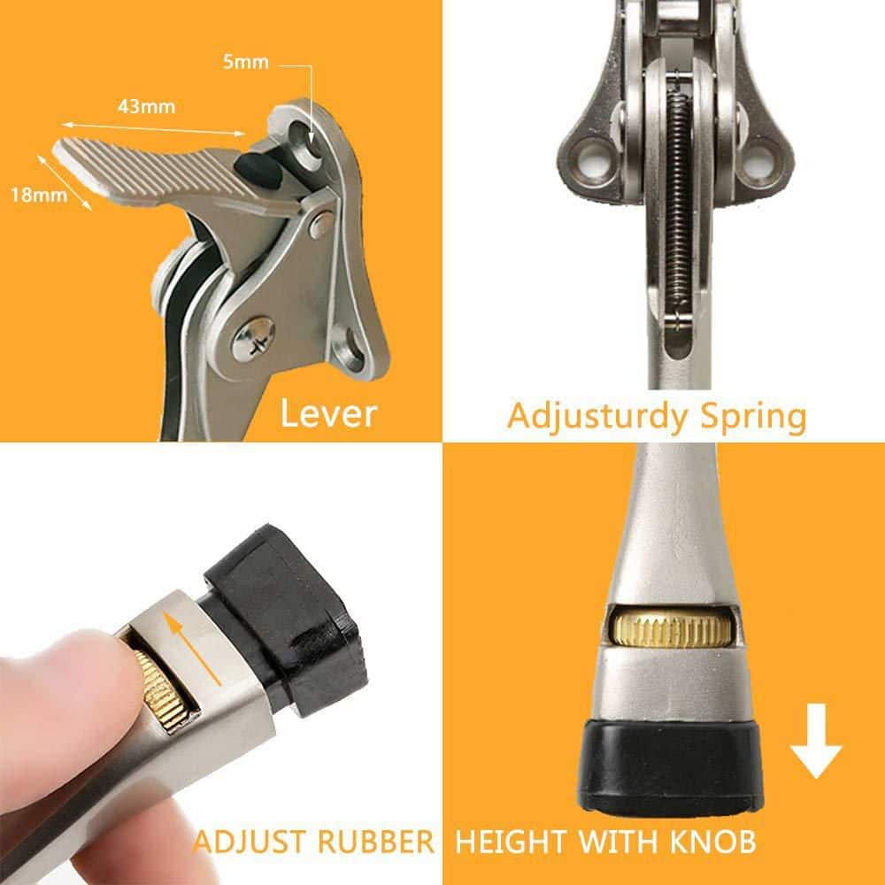 Wudkey 4-Pack Kickdown Door Stop with One Touch Adjustable Height and Rubber Tip, 4 in. Door Stopper, Satin Nickel (3)