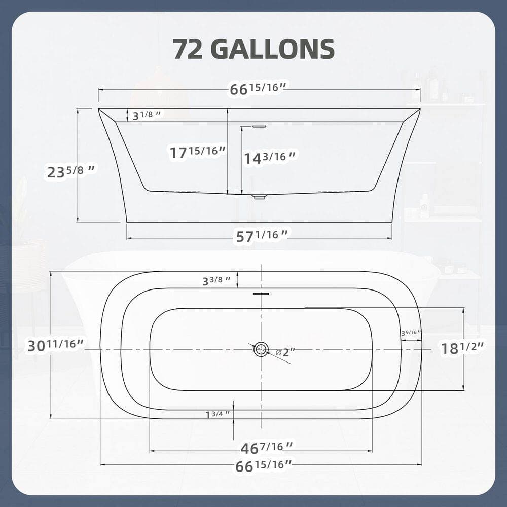 Zeafive 67 in. x 30.7 in. Acrylic Freestanding Soaking Bathtub with Center Drain in White (2)