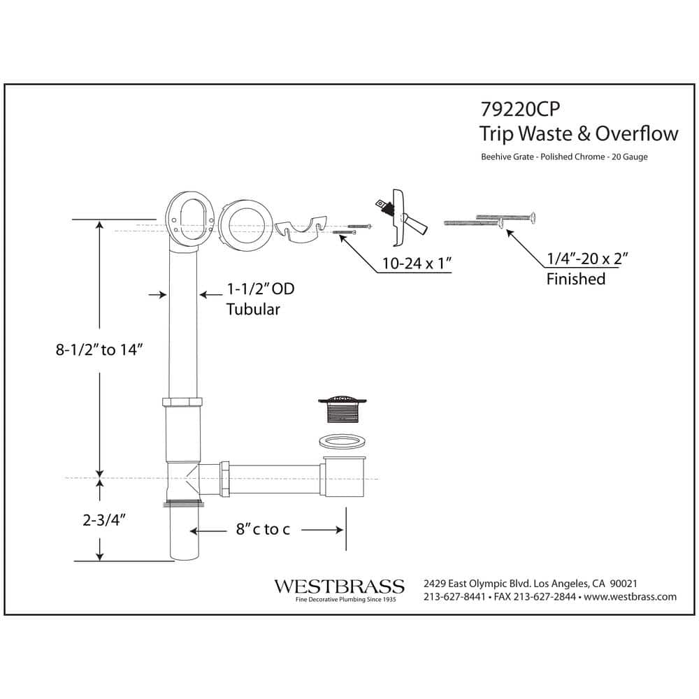 Westbrass Trip Lever Tubular Bath Waste and Overflow Assembly in Brass with Polished Chrome Trim (2)