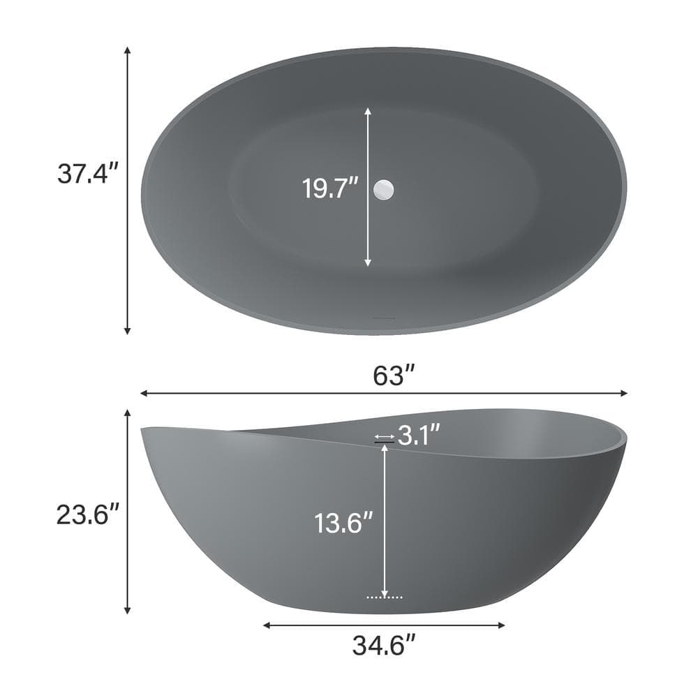 Boyel Living 37 in. Solid Surface Stone Resin Freestanding Soaking Bathtub with Center Drain, Drainer and Hose (4)