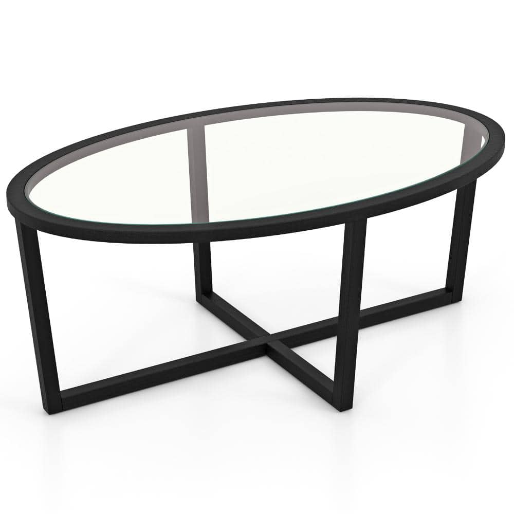 Volenca Oval Glass Coffee Table, Cross Base with Wood Legs, Modern Living Room Center Table (1)