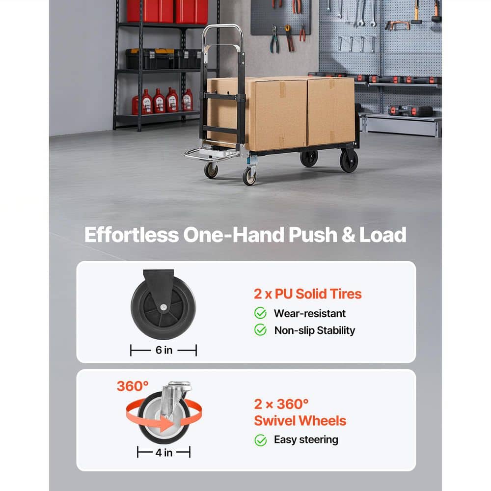 VEVOR 2 in 1 Folding Hand Truck, 500 lbs. Load Capacity for 4-Wheel Mode, Convertible Hand Truck Dolly with Wheels (3)